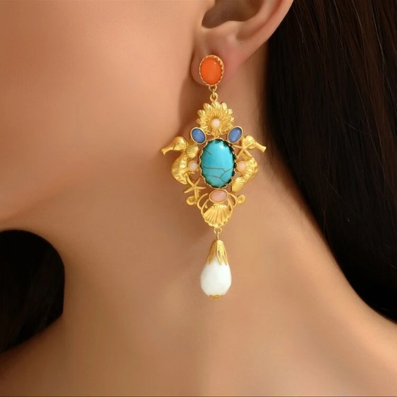 Jewelry - Metallic Embossed Turquoise Crystal Inlaid Seahorse Shell Punk Dangle Earrings